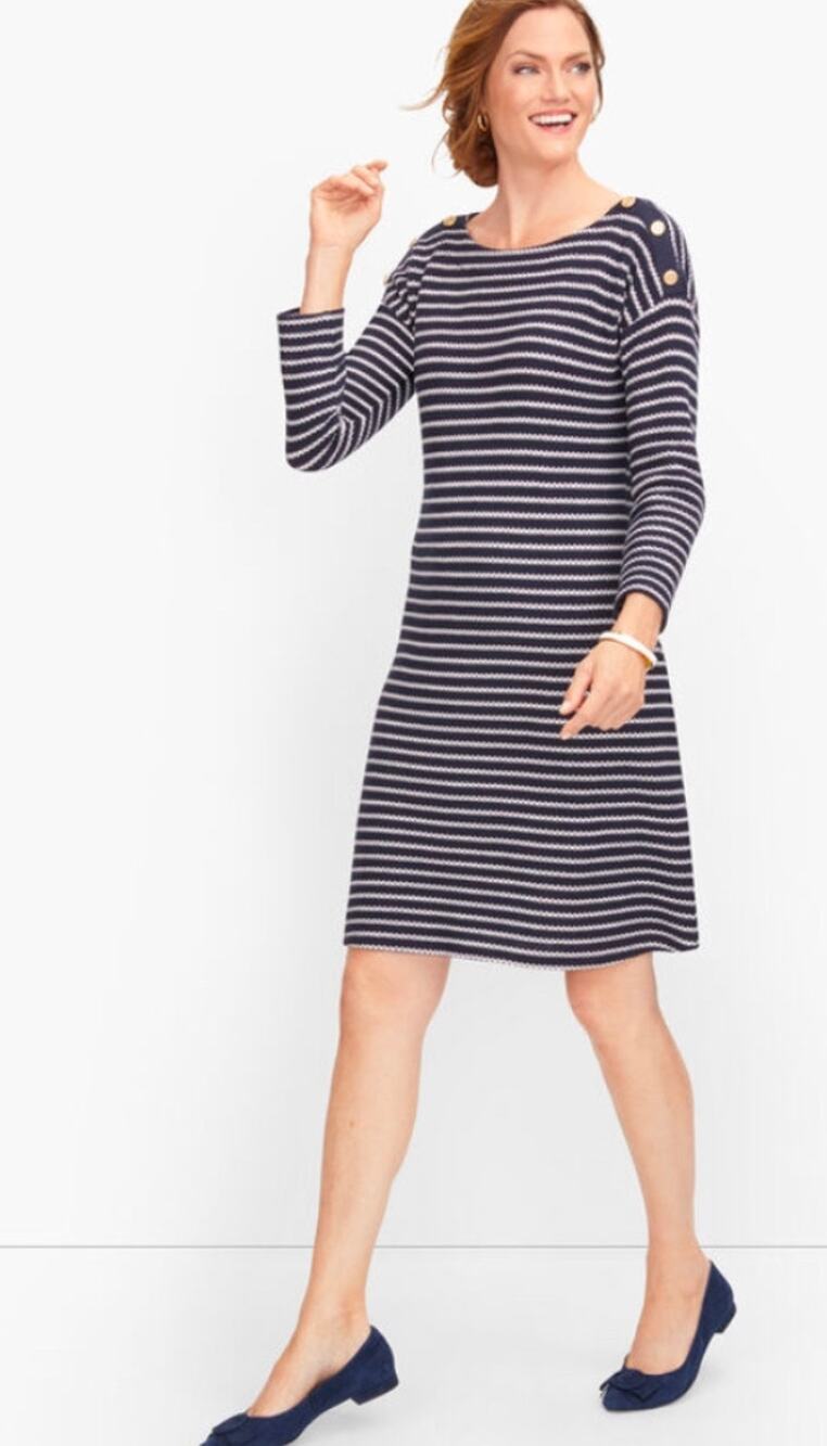 Talbots Women's Knit Sheath Dress Size MP Dark Navy Blue Striped